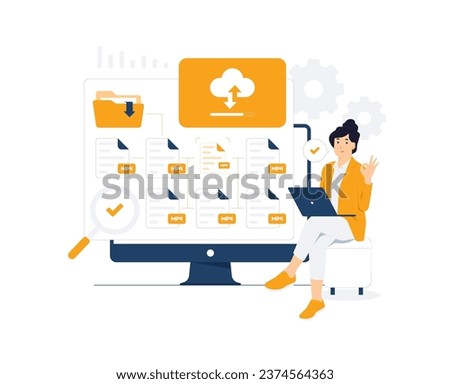 Document management, file transferring, cloud computing, yellow folder, explorer, share, Uploading, online digital file storage system. Woman uses magnifying glass searching concept illustration