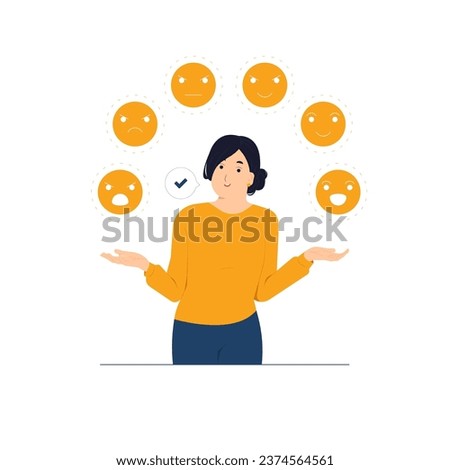 Emotional Intelligence, control feeling, logical thinking, self control, balance, woman connect juggles emoticons concept illustration