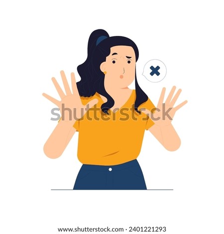 Shocked girl says no makes stop gesture, deny disagree not interested rejection expression concept illustration