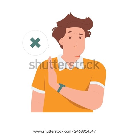 Annoyed man says no makes stop gesture, deny disagree not interested rejection expression concept illustration