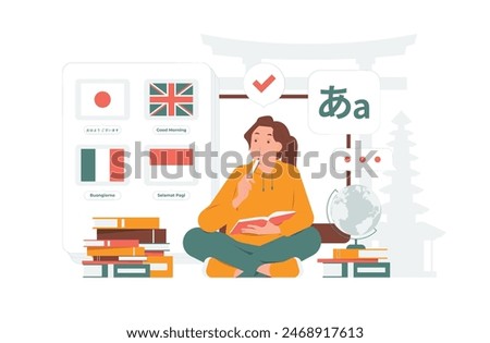 Learning multilingual foreign languages, translators app, vocabularies, international communication dictionary concept illustration