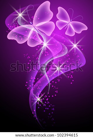 Glowing background with smoke and butterfly. Raster version of vector.