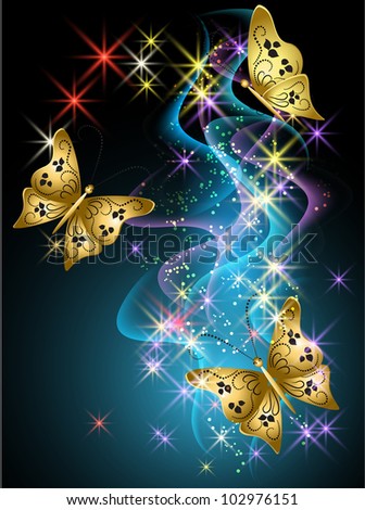 Glowing background with smoke, stars and butterfly. Raster version of vector.