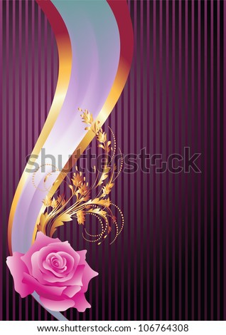Background with golden ornament, rose and elegant ribbon. Raster version of vector.