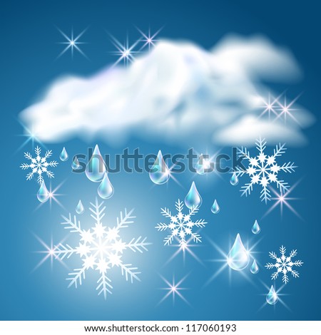 Rain and snow in the blue sky with clouds. Raster version of vector.