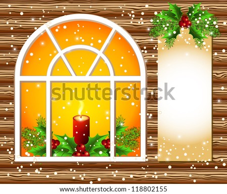 Christmas window with candles and decorated paper for text. Raster version of vector.