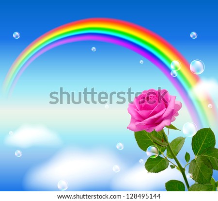 Pink rose on the sky background with rainbow