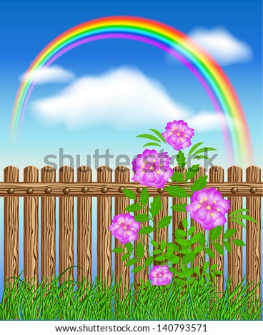 Wooden fence on green grass with flowers against the sky. Raster version of vector.