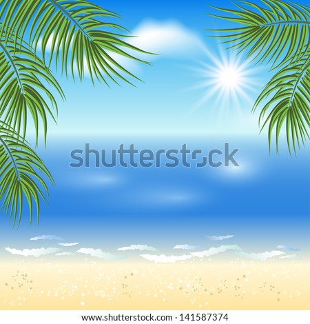 Sandy beach with palm trees and sun in the sky. Raster version of vector.