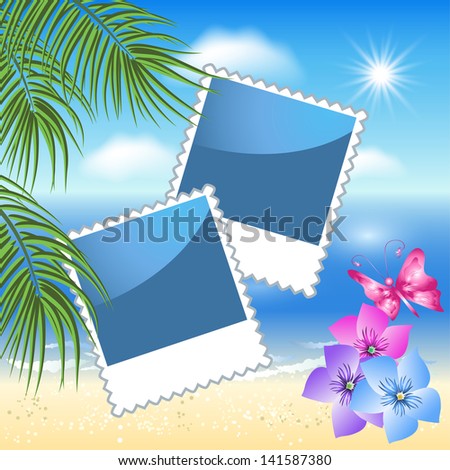 Design photo frames with sea landscape with palm, flowers and butterfly. Raster version of vector.