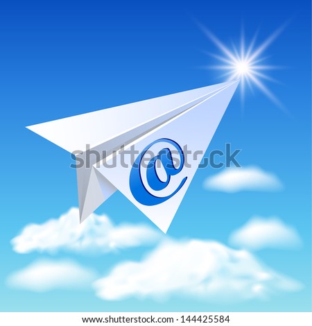 Paper airplane with e-mail sign flying up in the sky. Raster version of vector.