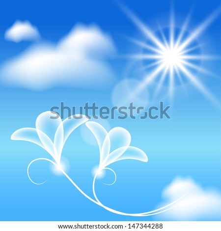 Clouds, sun and transparent flowers in the blue sky. Raster version of vector.