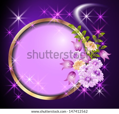 Round frame, flowers and stars. Raster version of vector.