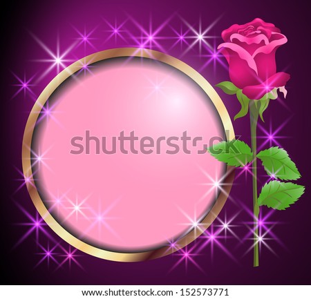 Round golden frame and rose. Raster version of vector.