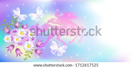 Mystical galloping unicorn with luxurious winding mane against the background of the iridescent universe with sparkling stars and spring flowers.