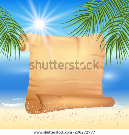Sandy beach, sea, sun, palm trees and old papyrus for text