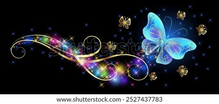 Flying delightful blue butterfly with sparkle and blazing trail flying in night sky among shiny glowing stars and golden butterflies in cosmic space. Animal protection day concept or birthday card.