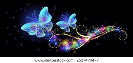 Flying blue butterflies with sparkle and blazing trail and glowing sparkle stars  in cosmic space. Animal protection day concept or birthday card.