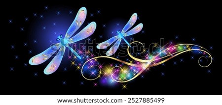 Flying blue dragonfly with sparkle and blazing trail and glowing sparkle stars  in cosmic space. Animal protection day concept or birthday card.