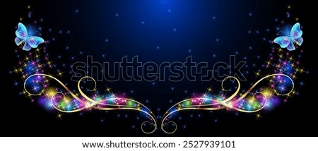 Sparkle stars frame with golden ornament and Flying two blue butterflies in cosmic space. Animal protection day concept or birthday card for birthday.