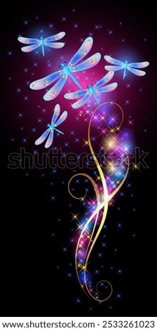 Flying dragonflies with sparkle and blazing trail and glowing stars. Animal protection day concept or birthday card.