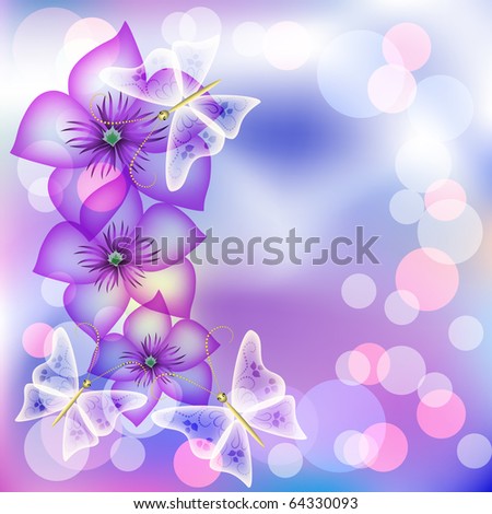 Floral shining vector background with transparent butterfly. Raster version of vector.