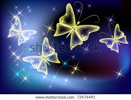 Glowing background with transparent butterfly and stars. Raster version of vector.