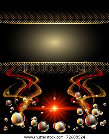 Background with glowing stars, golden ornament and smoke. Raster version of vector.