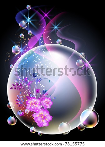 Glowing background with sphere, flowers, smoke, stars and bubbles. Raster version of vector.