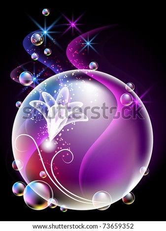Glowing background with sphere, flowers, smoke, stars and bubbles. Raster version of vector.