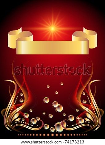 Background with glowing star, golden ornament and bubbles
