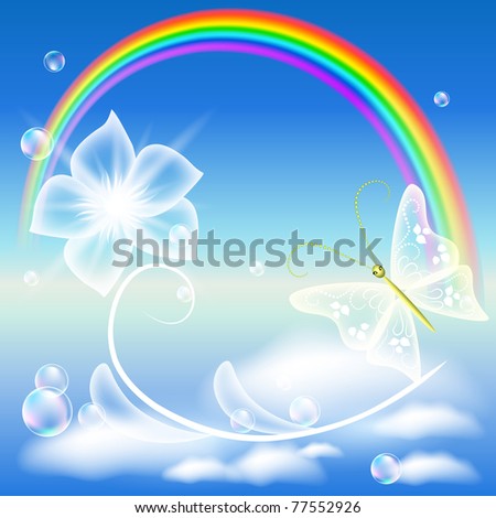 Rainbow, transparent flower and butterfly. Raster version of vector.