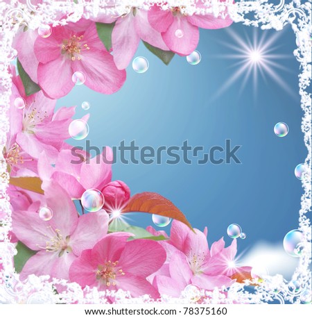 Card with peach blossom, bubbles and stars