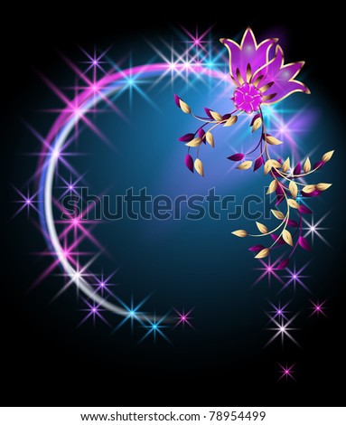 Glowing background with flowers and stars. Raster version of vector.