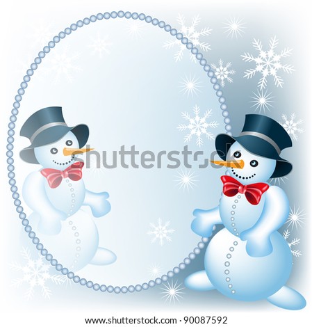 Christmas background with  snowman and mirror. Raster version of vector.