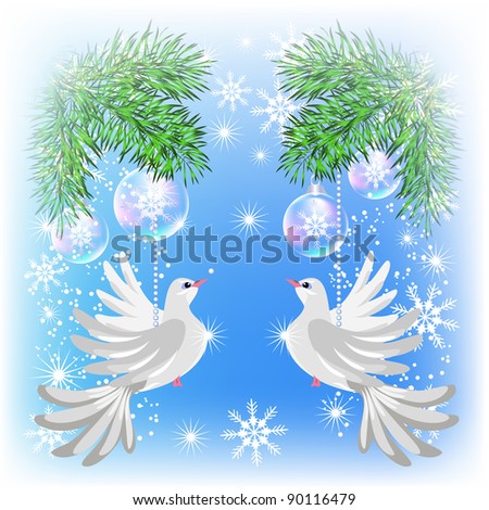 Christmas card with pigeons and transparent balls. Raster version of vector.