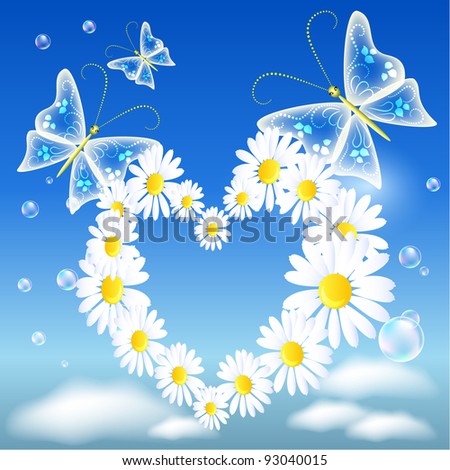 Butterflies and daisy heart in the sky. Raster version of vector.