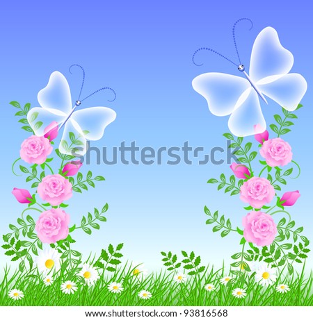 Roses on the green grass and butterflies. Raster version of vector.