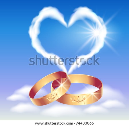 Card with wedding rings and heart in the clouds.  Raster version of vector.