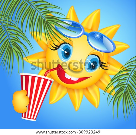 Funny sun drinking cool drink from straws and palm branches