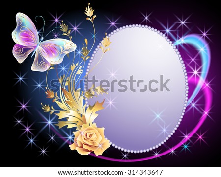 Transparent flying butterfly with golden ornament, round frame and glowing firework