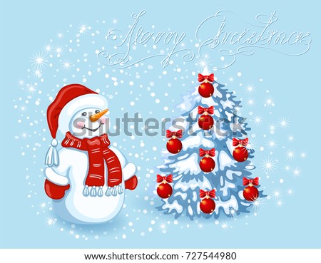 christmas card with funny snowman in santa cap against snowfall background and christmas tree element - Santa Claus Christmas Cards christmas card with funny snowman in santa cap against snowfall background and christmas tree element - Santa Claus Christmas Cards
