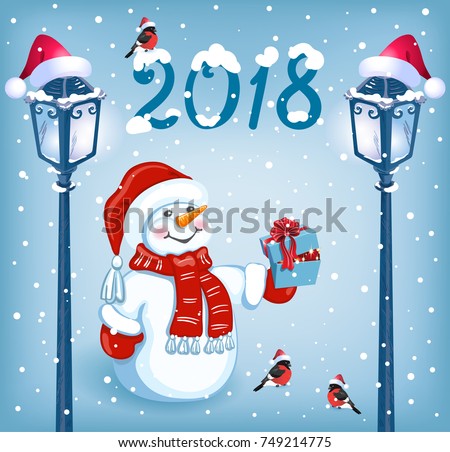 christmas card with funny snowman in santa cap with gift box against snowfall background and retro - Santa Christmas Cards christmas card with funny snowman in santa cap with gift box against snowfall background and retro - Santa Christmas Cards