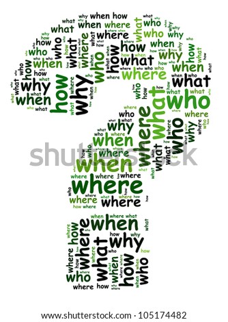 5W+1H (Who, What, Where, When, Why + How) info text graphic and arrangement with question mark shape concept (word cloud)