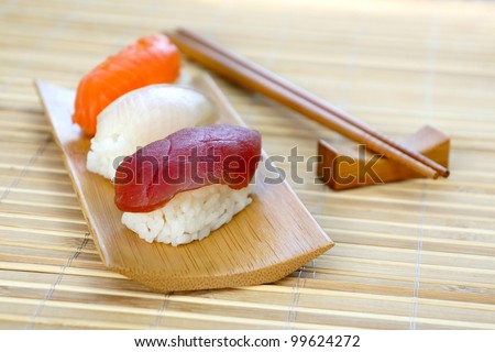 Set of sushi on the bamboo plate