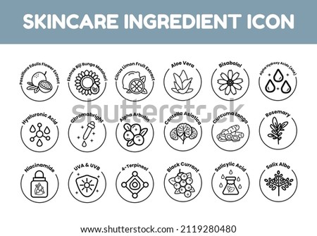 Vector set of design elements, icons, and badges for natural and organic cosmetics skincare ingredients in trendy linear style. Centella Asiatica, Curcuma Longa, Hyaluronic Acid, Chromabright, etc.