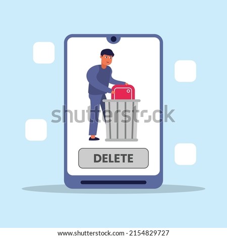 Men delete or uninstall apps on phone. Cache, spam concept for banners, website designs, or landing web pages. Flat design illustration.