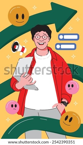 A Smiling Man Holding a Laptop Surrounded by Bright, Cheerful Smiley Face Icons, Symbolizing Happiness, Positivity, Digital Connectivity, and Friendly Interaction in a Tech Driven Environment