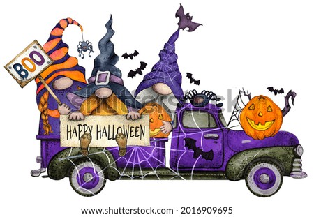 Watercolor Happy Halloween Truck with Cute Gnomes and Pumpkins in bright colors