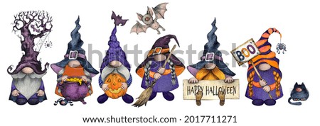 Watercolor Happy Halloween Gnome set in bright colors